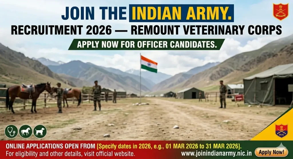 Indian Army RVC Recruitment 2026 is open for veterinary graduates. Apply online at joinindianarmy.nic.in before May 18. Check eligibility and apply now.