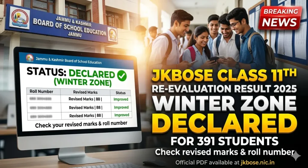 JKBOSE Class 11th Re-evaluation Result 2025 (Winter Zone) Declared for 391 students. Check your revised marks and roll number in the official PDF at jkbose.nic.in.