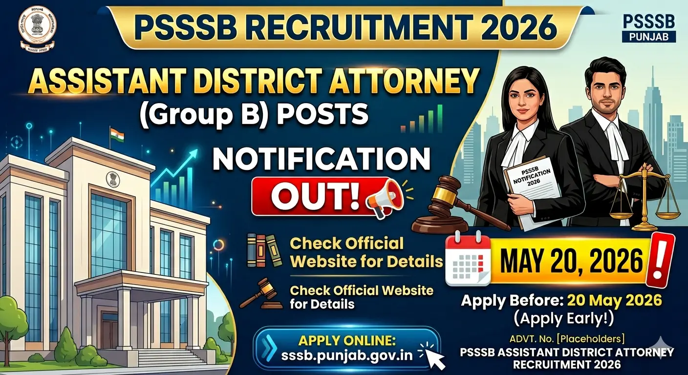 PSSSB Assistant District Attorney Recruitment 2026 is out for 170 posts. Eligible law graduates can apply online before May 20, 2026. Check salary now.
