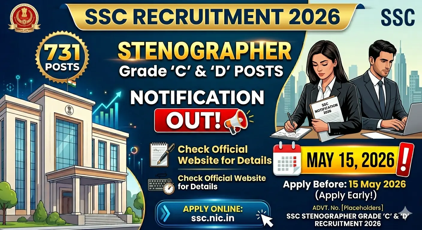 SSC Stenographer Recruitment 2026 notification is out for 731 Grade C & D posts. Check eligibility, exam pattern, skill test details, and apply online at ssc.gov.in before May 15.