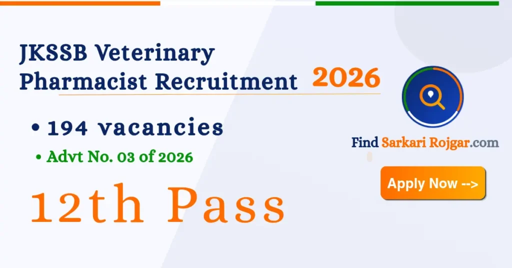 JKSSB Veterinary Pharmacist Recruitment 2026 — 194 posts open for Jammu and Kashmir candidates. Apply online at jkssb.nic.in before May 19. Apply now.