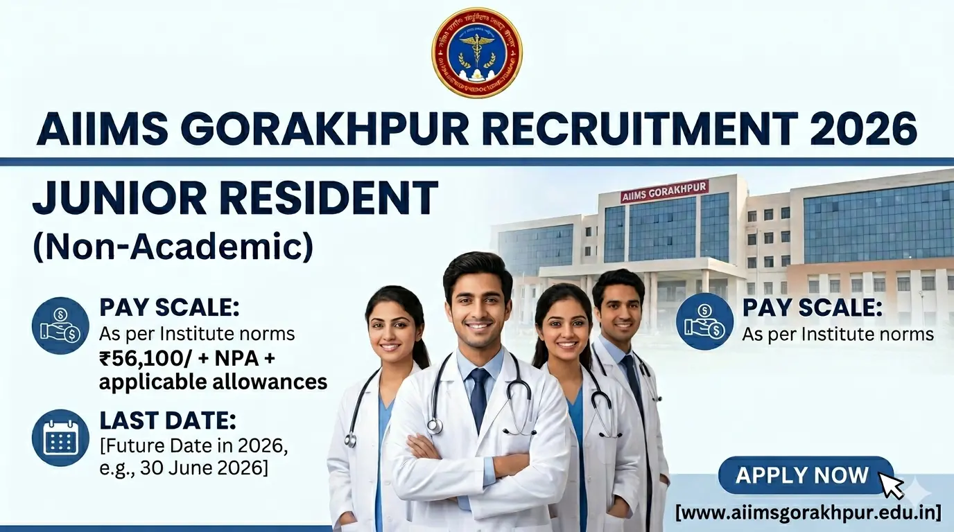 AIIMS Gorakhpur Junior Resident Recruitment 2026 notification out for Non-Academic JR posts. Check walk-in date, interview venue, stipend, and download form.