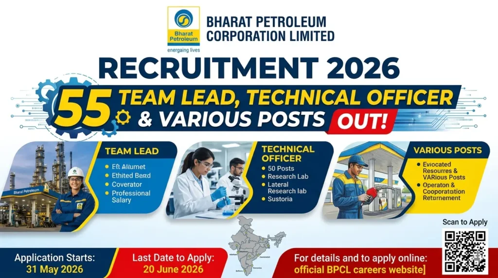 BPCL Recruitment 2026 – Apply Online for 55 Team Lead, Technical Officer & Various Posts. Check post-wise vacancies, eligibility, salary criteria, and key application deadlines.