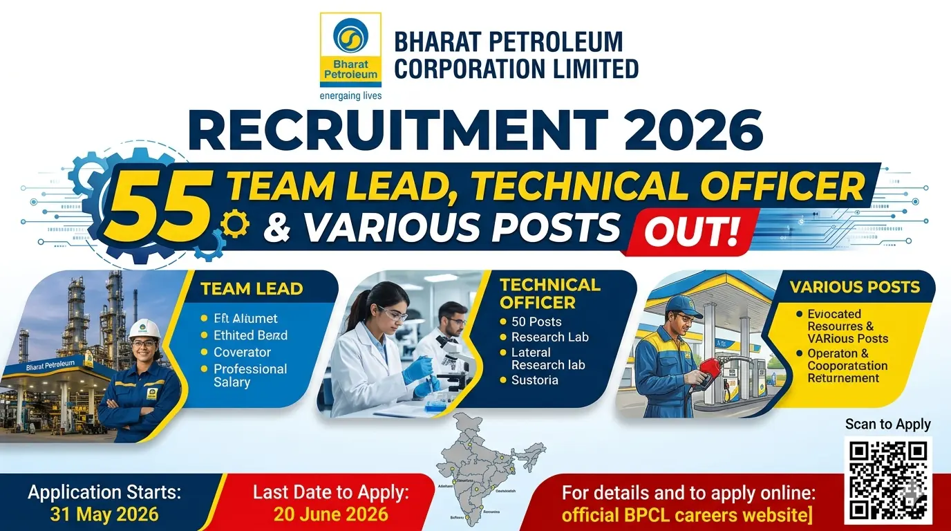 BPCL Recruitment 2026 – Apply Online for 55 Team Lead, Technical Officer & Various Posts. Check post-wise vacancies, eligibility, salary criteria, and key application deadlines.