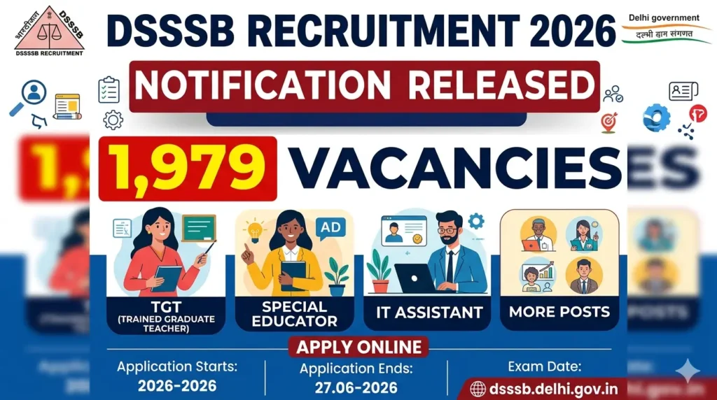 DSSSB Recruitment 2026 notification has been released for 1,979 vacancies! Apply online for TGT, Special Educator, I.T. Assistant, and other posts. Check the eligibility, age limits, and selection process here.  