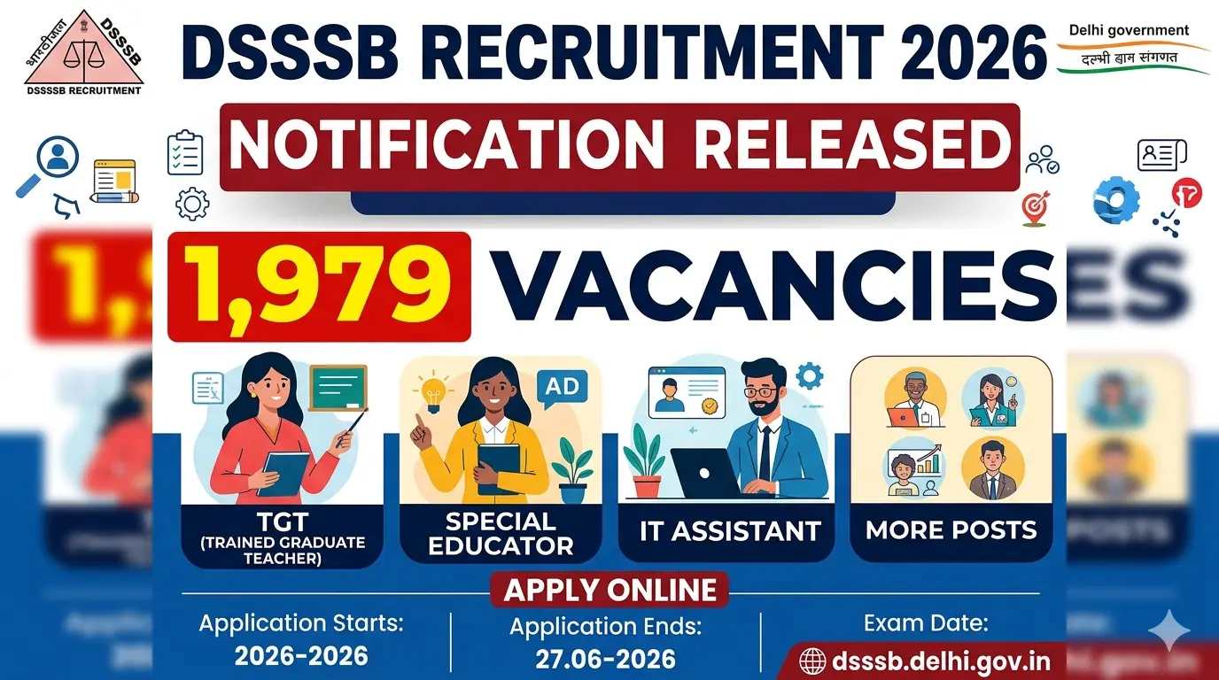 DSSSB Recruitment 2026 notification has been released for 1,979 vacancies! Apply online for TGT, Special Educator, I.T. Assistant, and other posts. Check the eligibility, age limits, and selection process here.