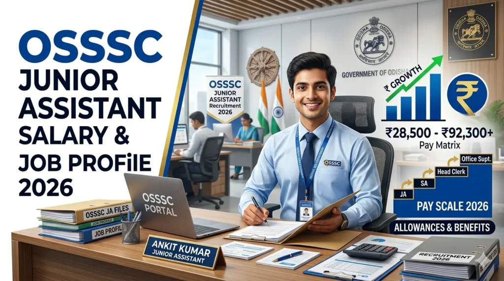 OSSSC Junior Assistant Salary & Job Profile 2026. Check the Level 4 pay scale, in-hand salary calculations, allowances, and career growth