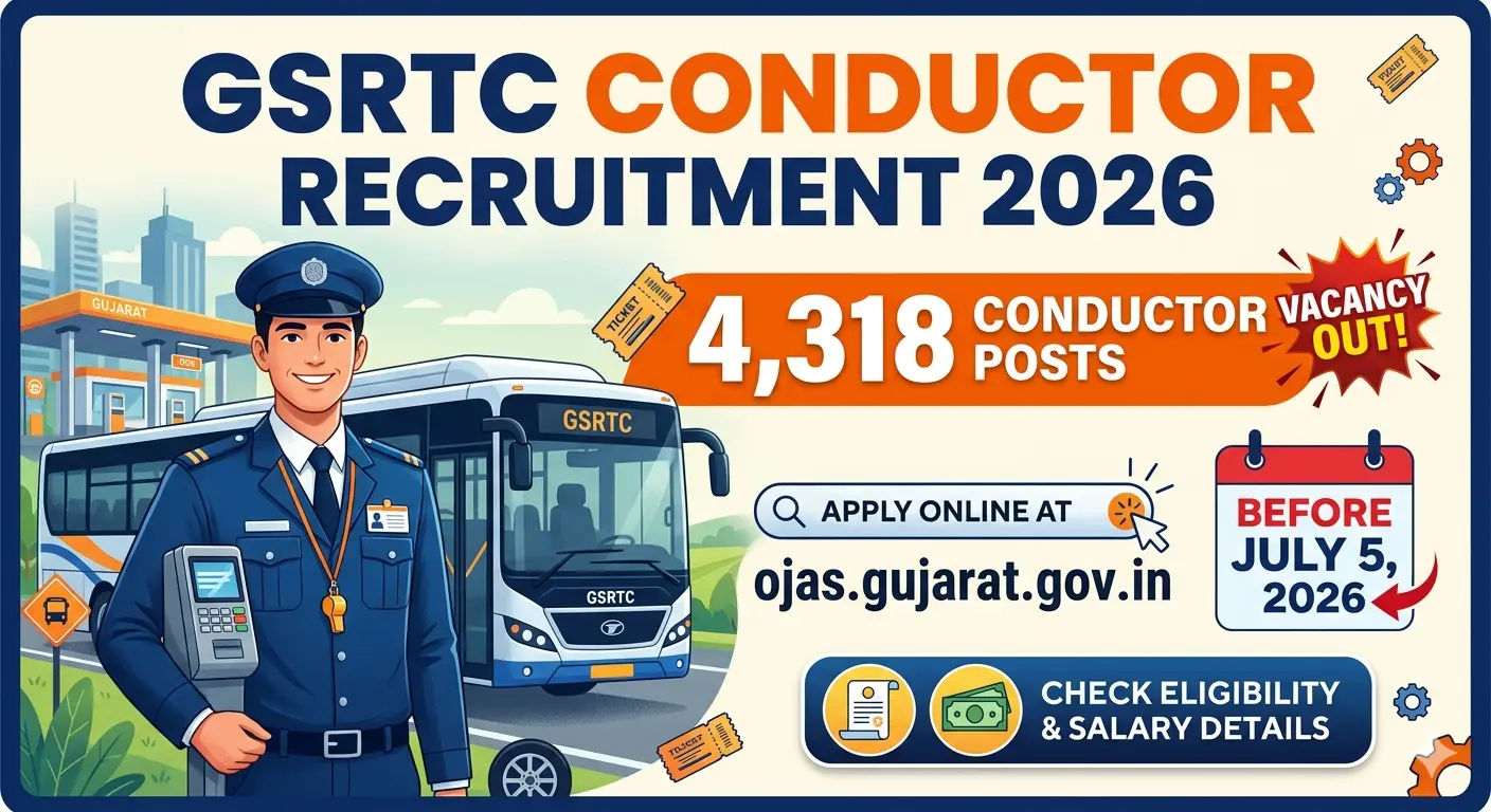 GSRTC Conductor Recruitment 2026 out for 4,318 posts. Apply online at ojas.gujarat.gov.in before July 5, 2026. Check eligibility and salary details.