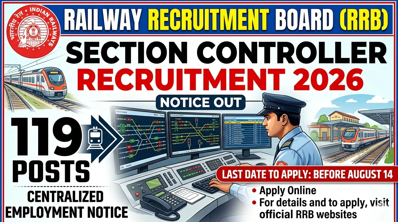 RRB Section Controller Recruitment 2026 out for 119 posts across 21 zones. Apply online before August 14. Check zone-wise vacancy, in-hand salary, and eligibility.