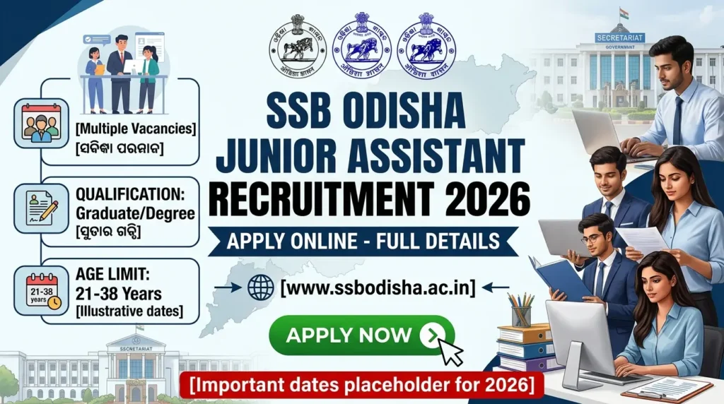 SSB Odisha Junior Assistant Recruitment 2026 out for 14 posts. Apply online at ssbodisha.ac.in before August 18, 2026. Check selection process and syllabus.