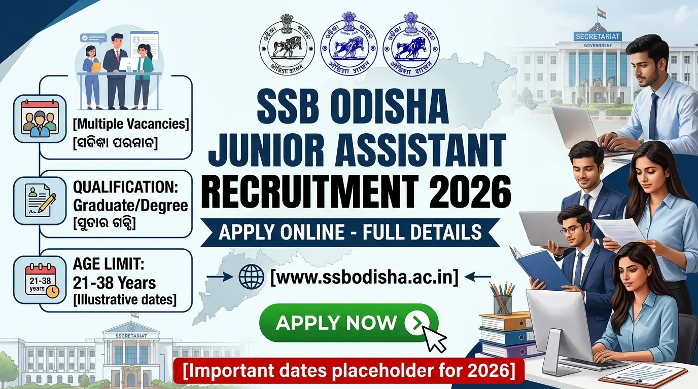 SSB Odisha Junior Assistant Recruitment 2026 out for 14 posts. Apply online at ssbodisha.ac.in before August 18, 2026. Check selection process and syllabus.