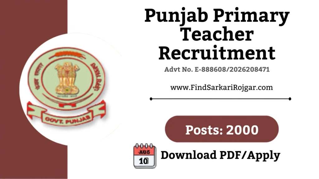 Punjab PTI Recruitment 2026 Primary Teacher: Apply Online for 2000 Posts